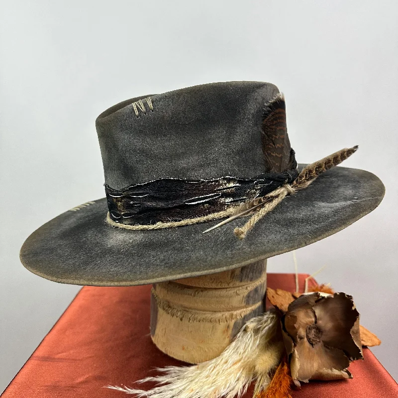 Handcrafted wool felt hat for unique beauty -Distressed Fedora Traveler Tale Grey