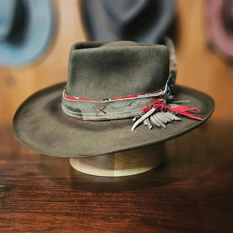 Luxury felt hat with fine wool blend -Distressed Fedora with Green-Black Ombre Short Frayed Red Ribbon Flowing