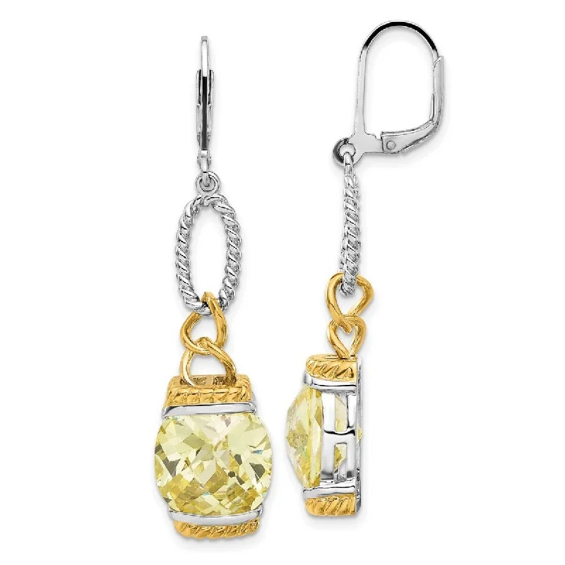 Studded Drop Earrings with Gemstones -Curata 925 Sterling Silver Polished Gold Plated Light Yellow CZ Cubic Zirconia Earrings - 54x13mm Wide