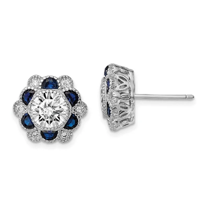 Drop Earrings with Matte Finish -Curata 925 Sterling Silver Rhodium Plated Blue Spinel and CZ Cubic Zirconia Flower Post Earrings