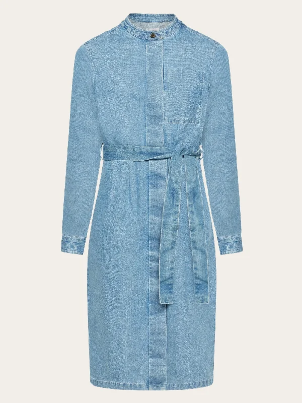 Tie-up Dresses for Decorative -Denim collar stand shirt dress - GOTS/Vegan - Light Blue denim