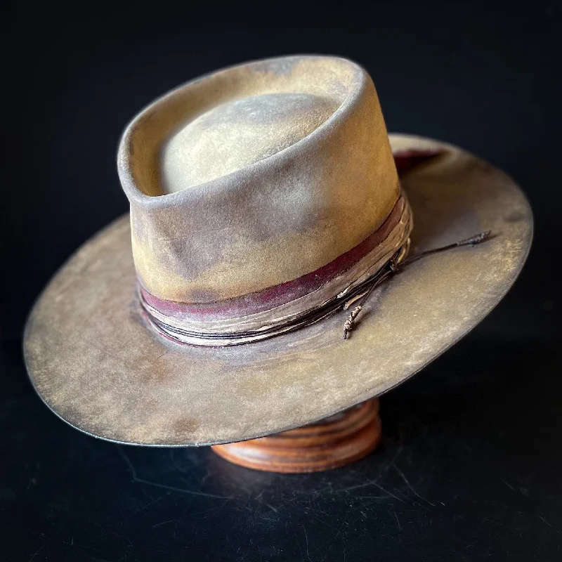 Handcrafted felt hat with natural wool tones -Distressed Fedora Loner