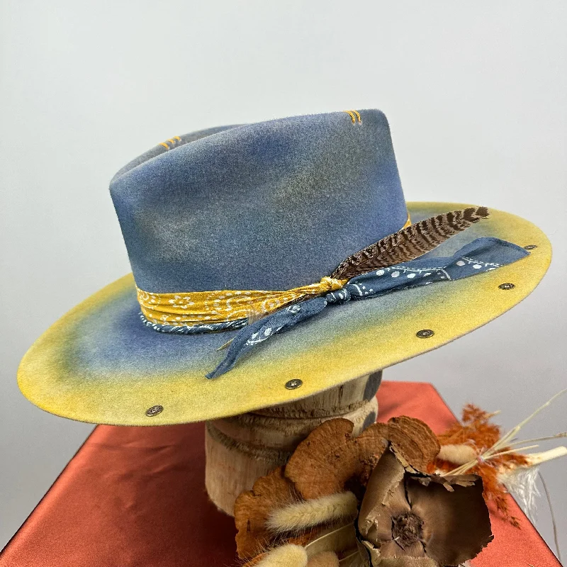 Vintage felt hat for retro fashion lovers -Distressed Fedora Blue Ombre Road Warrior