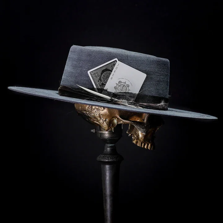 Luxury felt hat with elegant wool finish -Distressed Fedora with Black Poker Card Insert Featuring Ace of Spades  Adorned with Gold Text and Design