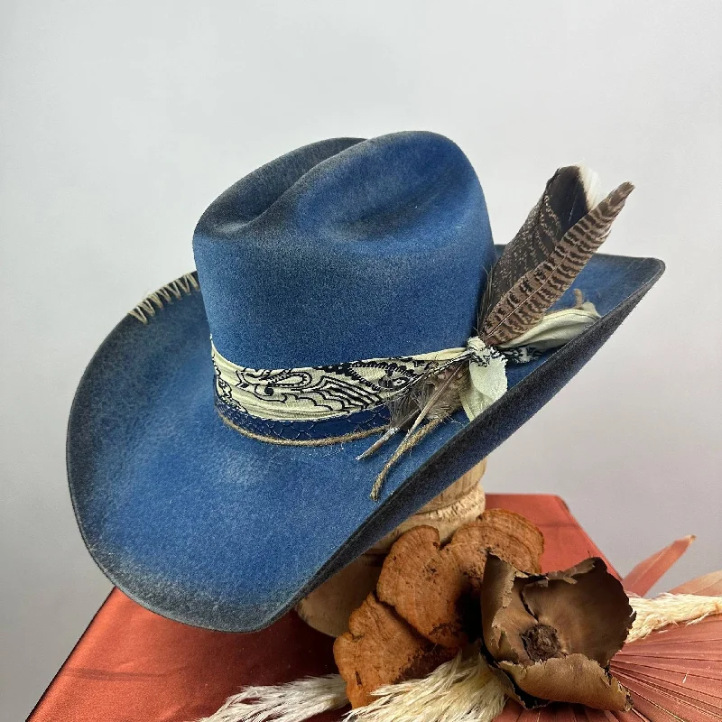 Designer wool felt hat for luxury lovers -Distressed Fedora Adorned With Scarf Feather And Rope