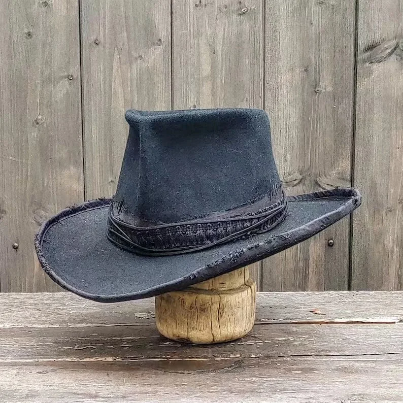 Breathable felt hat with airy wool weave -Distressed Fedora Solid Color with Rope Ribbon and Conical Crown