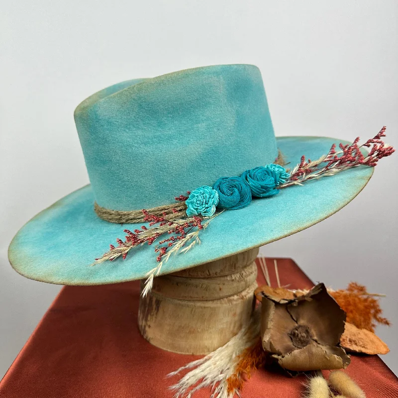 Bold felt hat with vibrant wool hues -Distressed Fedora Blue Floral Road Warrior