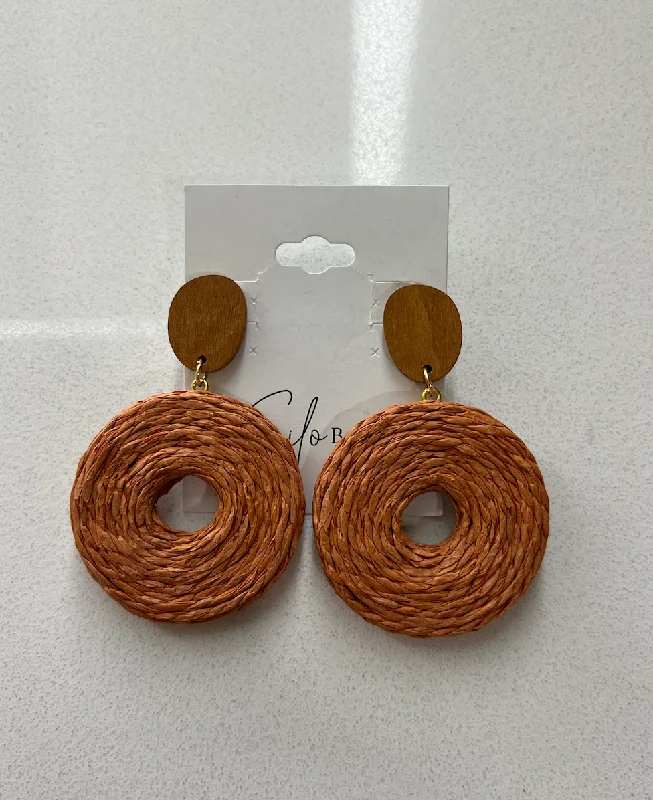 Drop Earrings with Crown Designs -Cognac Raffia Earrings