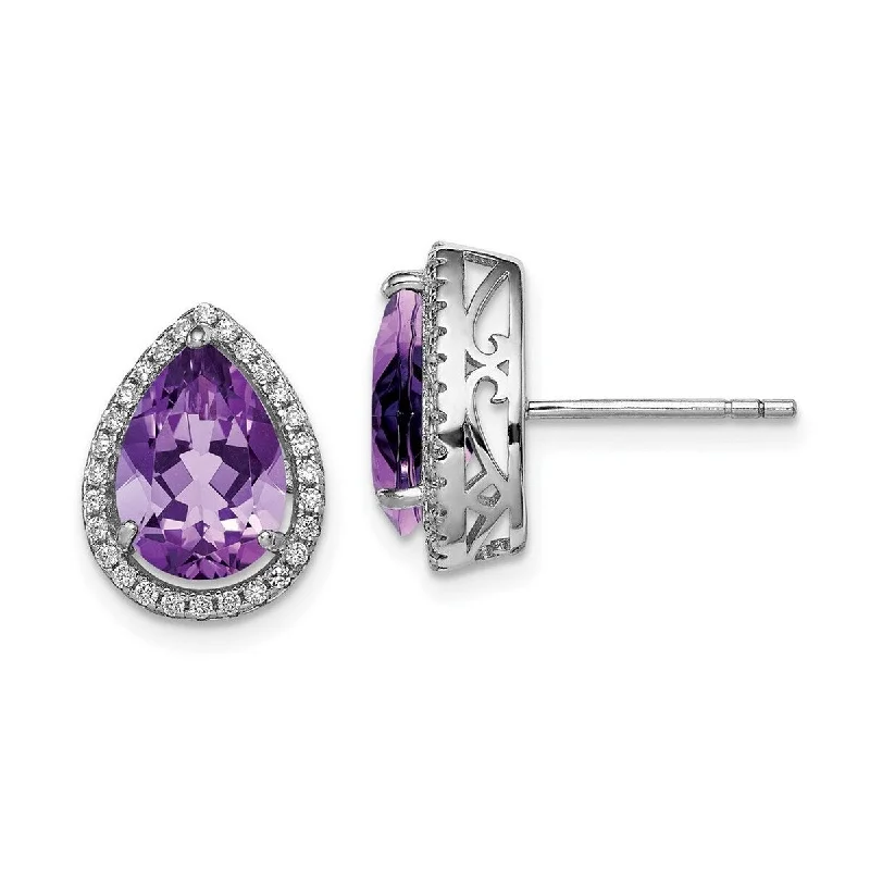 Short Drop Earrings for Subtle -Curata 925 Sterling Silver Polished Amethyst and CZ Cubic Zirconia Post Earrings - 14x11mm Wide