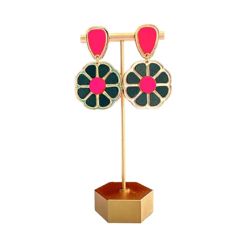 Minimalist Drop Earrings with Simplicity -Pink & Hunter Green Fall Flower Earrings