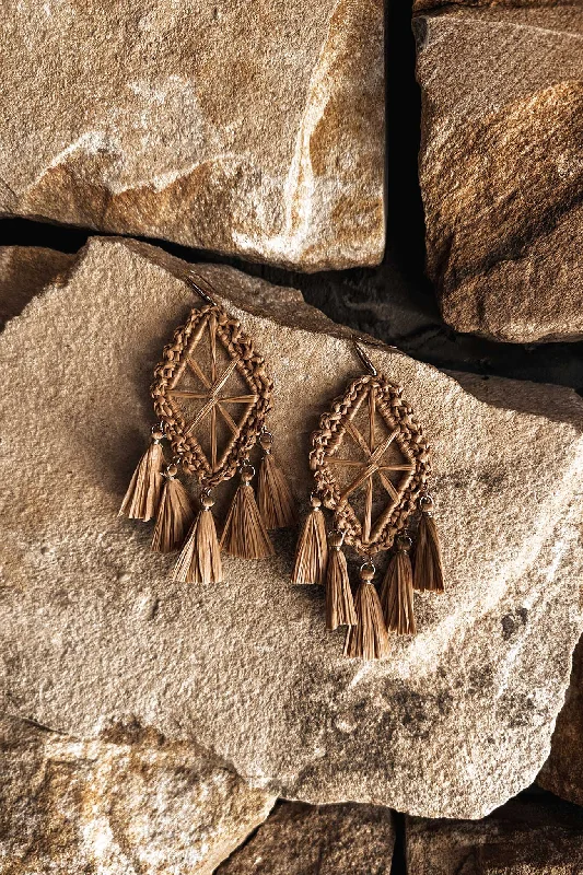 Drop Earrings for School Uniform -Immense Drop Woven Tassle Earrings Brown