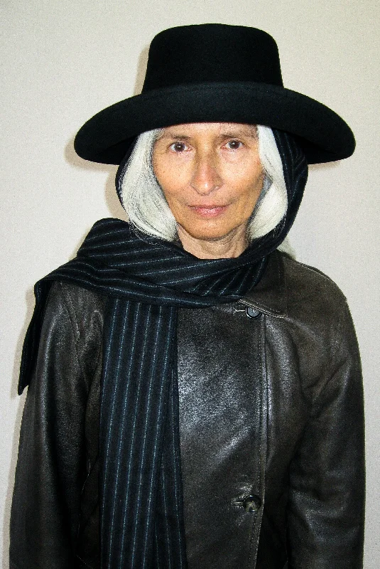 Classic black felt hat for versatile wear -Gambler Hat in Black Wool w. Pinstripe Neck Scarf