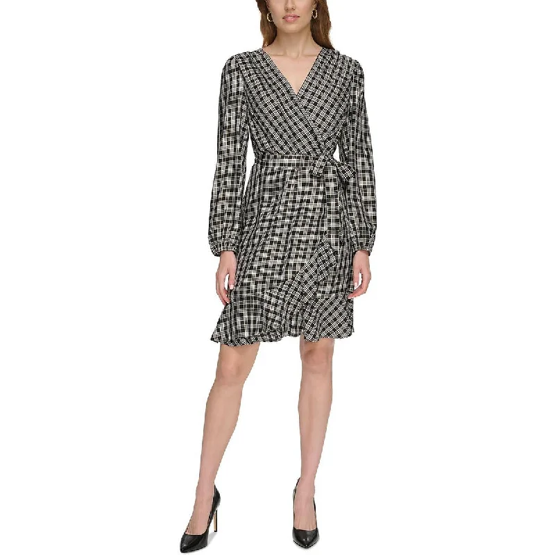 Buttoned Dresses for Stylish -Tommy Hilfiger Womens   Checker Ruffle Hem Wrap Dress