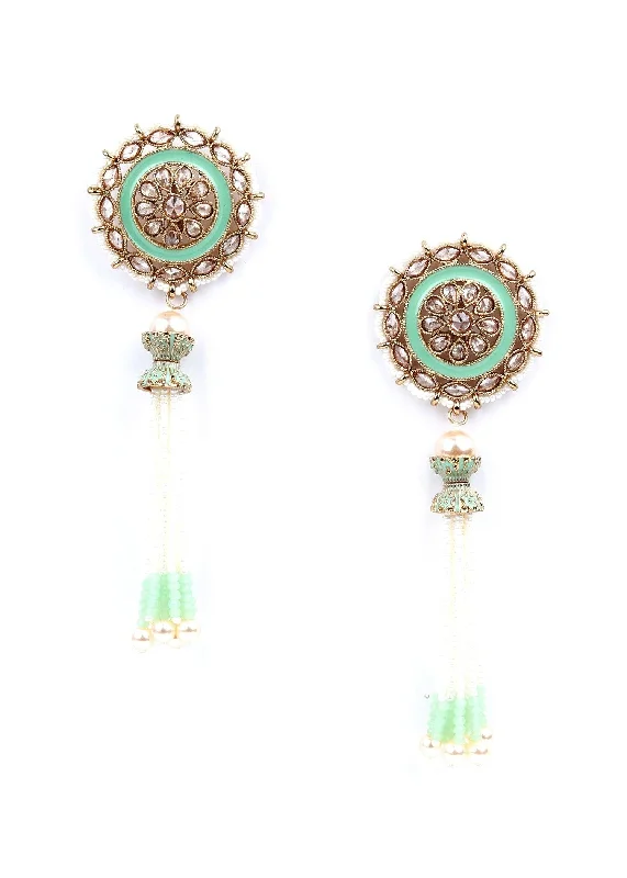 Bohemian Drop Earrings with Tassels -Odette Women Mint And Gold Ethnic Dangle Earrings