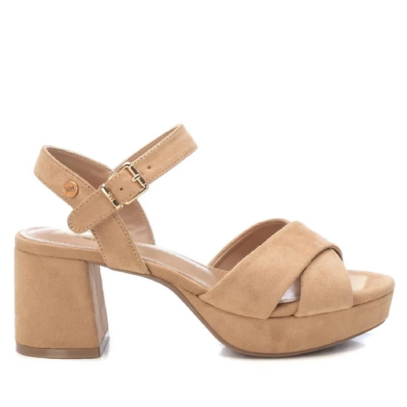 Elegant sandals for evening events with satin finish and embellished details-Women's Suede Heeled Platform Sandals In Beige