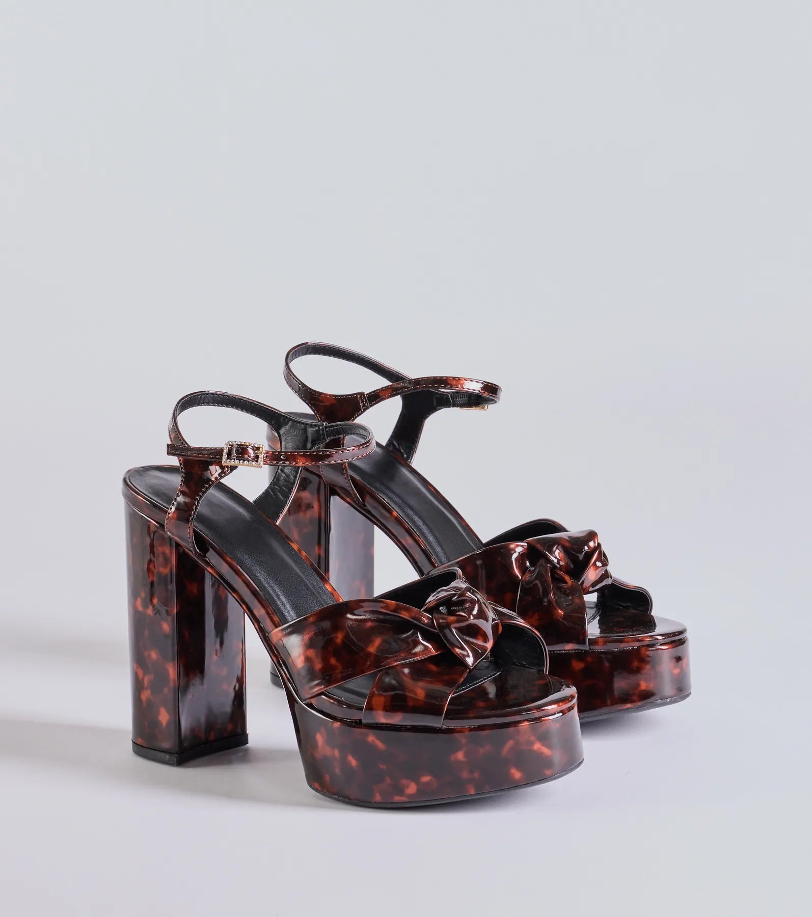 Stylish sandals for women with metallic leather straps and cushioned footbed-Chic Impression Tortoise Print Platform Knot Heels