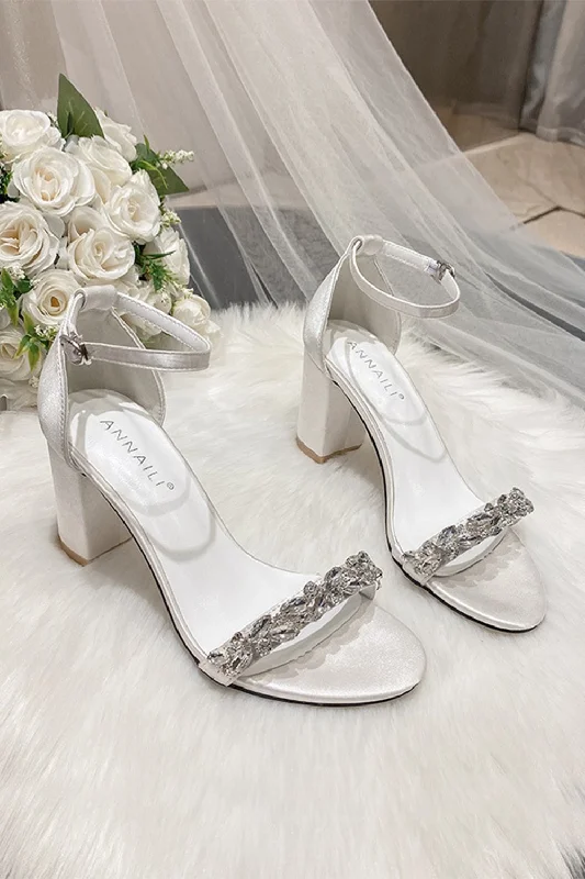 High-heeled sandals for women with strappy details and delicate ankle straps for elegance-Chunky Heel 7.5cm Satin Heels Bridal Shoes CK0123