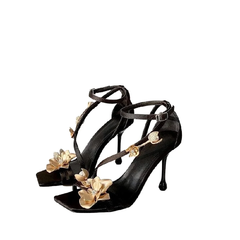 Stylish sandals for women with metallic accents and sleek, minimalist style-Design sense line with square head open toe satin gold high heels stiletto dress shoes  775344564716