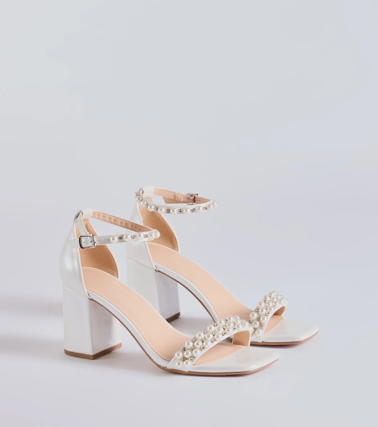 High-heeled sandals for women with open-toe design and fashionable embellishments-Endless Luxe Faux Pearl and Rhinestone Block Heels