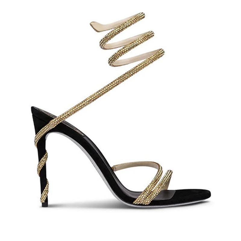 Elegant sandals for evening wear with rhinestone embellishments and soft leather-Peep-toe rhinobenzene snakelike winding hollow one-line sandals sexy gold stiletto heels shoes 793993757024