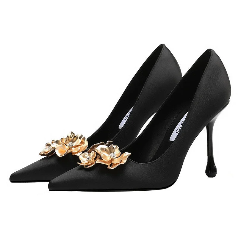 Outdoor sandals for men with durable rubber sole and adjustable straps-Pointy black high heels women's stiletto sexy light mouth gold flower dress shoes 769556407493