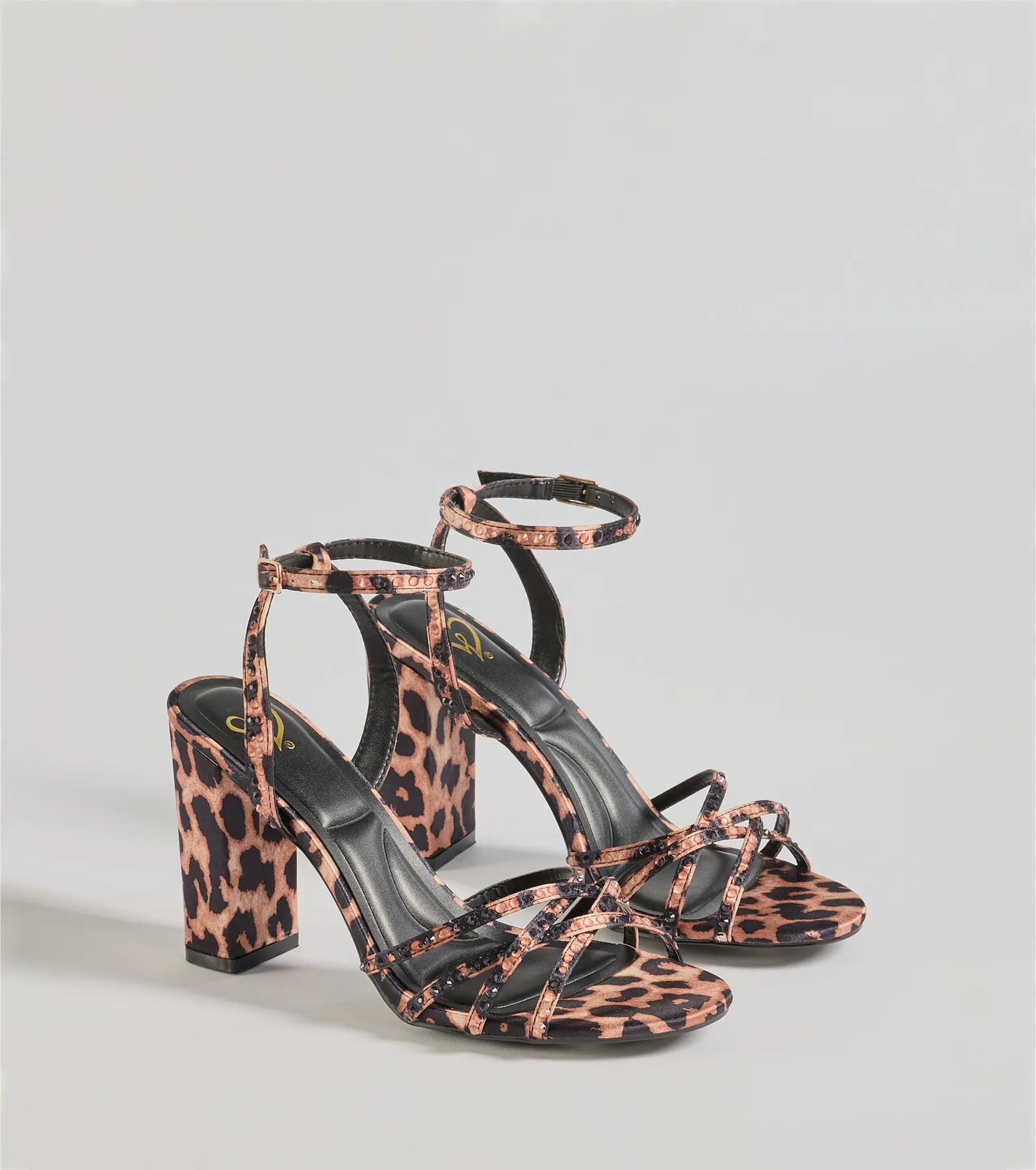 Beach sandals for women with slip-on design and vibrant color options-Sassy Rhinestone Strappy Leopard Print Block Heels