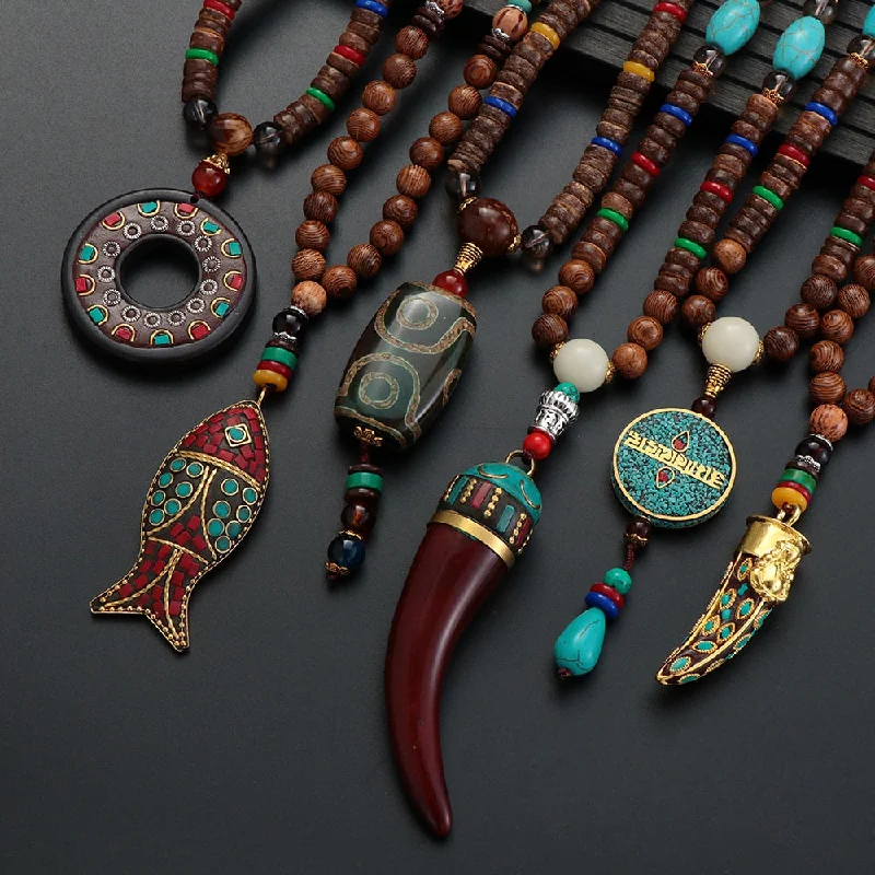 Necklaces and pendants with angel wing motifs for a spiritual, meaningful design-Unisex Handmade Necklace Nepal Buddhist Mala Wood Beads Pendant & Necklace Ethnic Fish Horn Long Statement Men Women's Jewelry