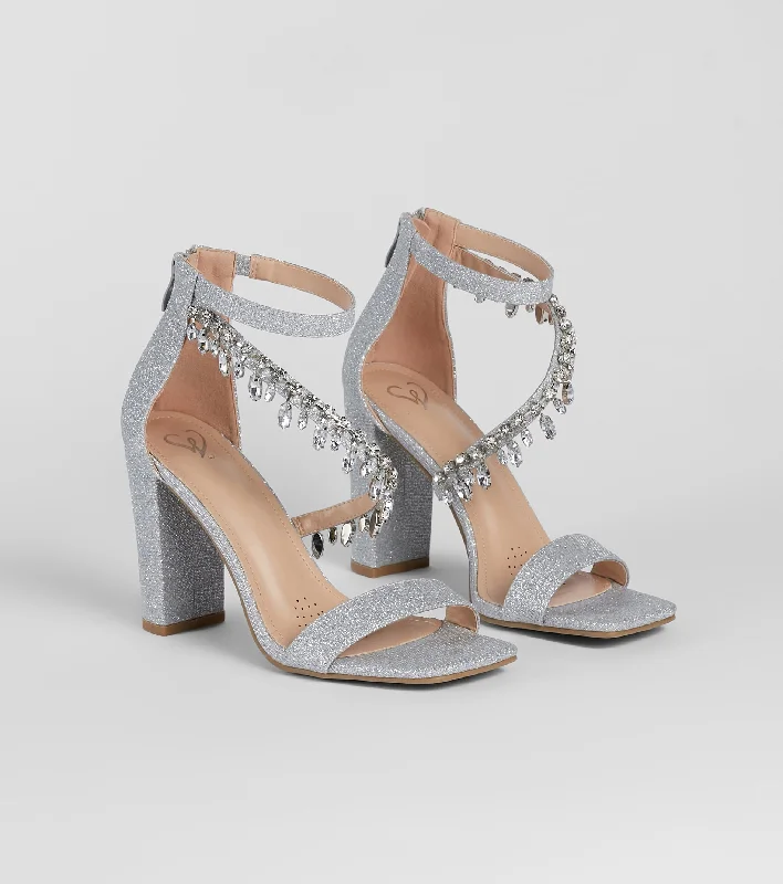 Stylish sandals for women with thong style and colorful detailing for fun-A Moment Of Luxe Rhinestone Trim Block Heels