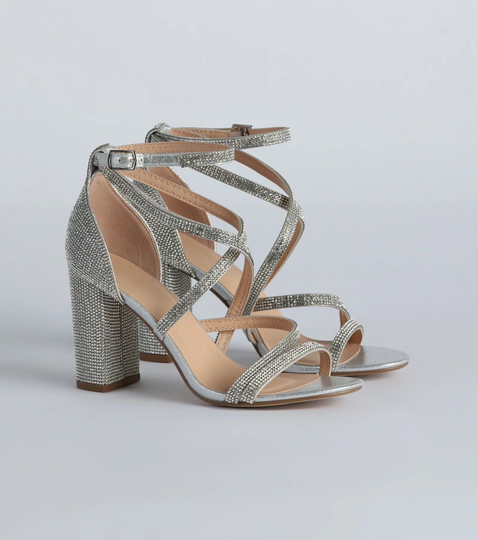 Boho-inspired sandals for women with braided straps and earthy tones-Feeling Like A Diva Rhinestone Block Heels