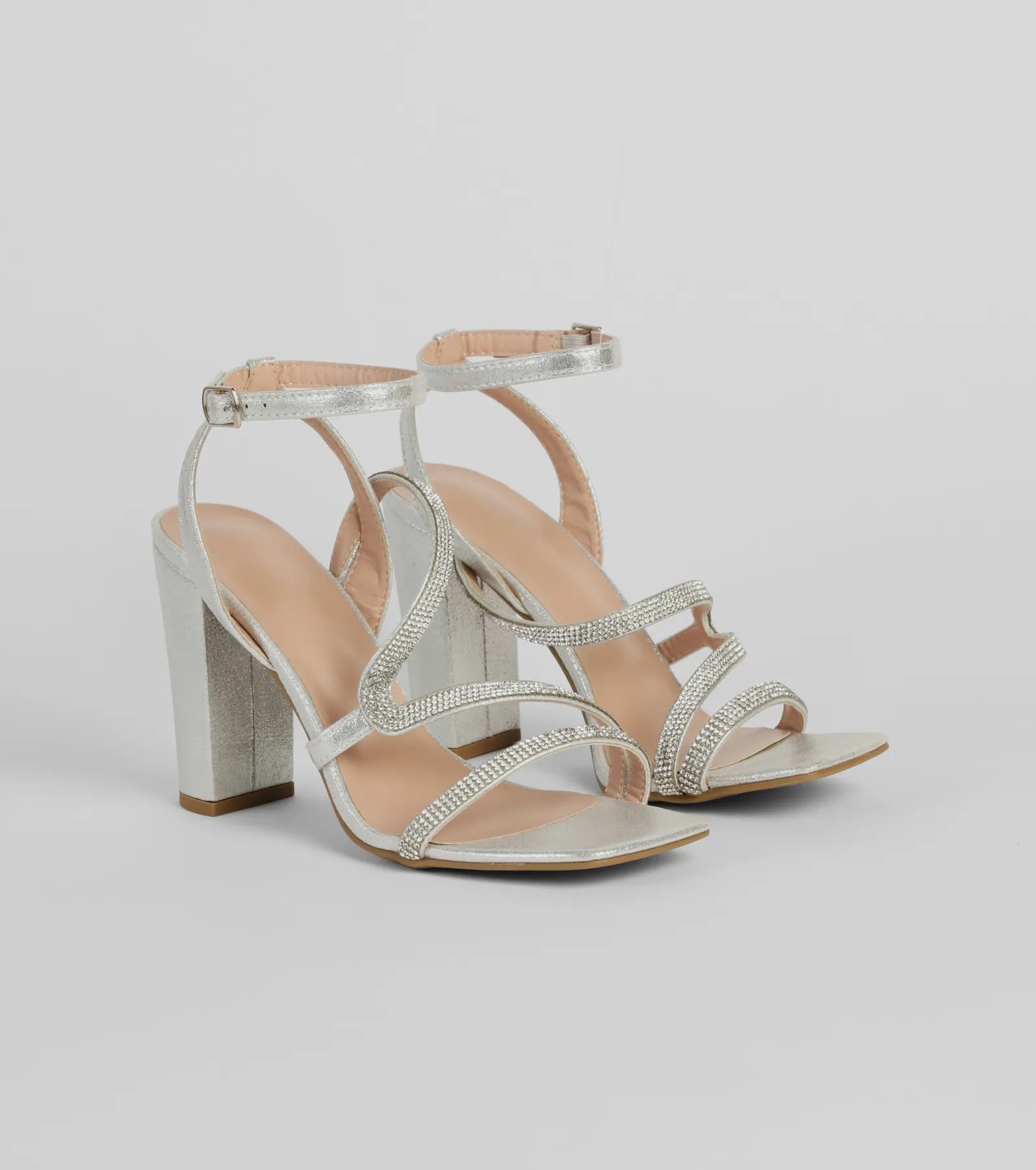 Comfortable sandals for women with contoured footbed and easy-to-adjust straps-Glam On The Line Rhinestone Block Heels