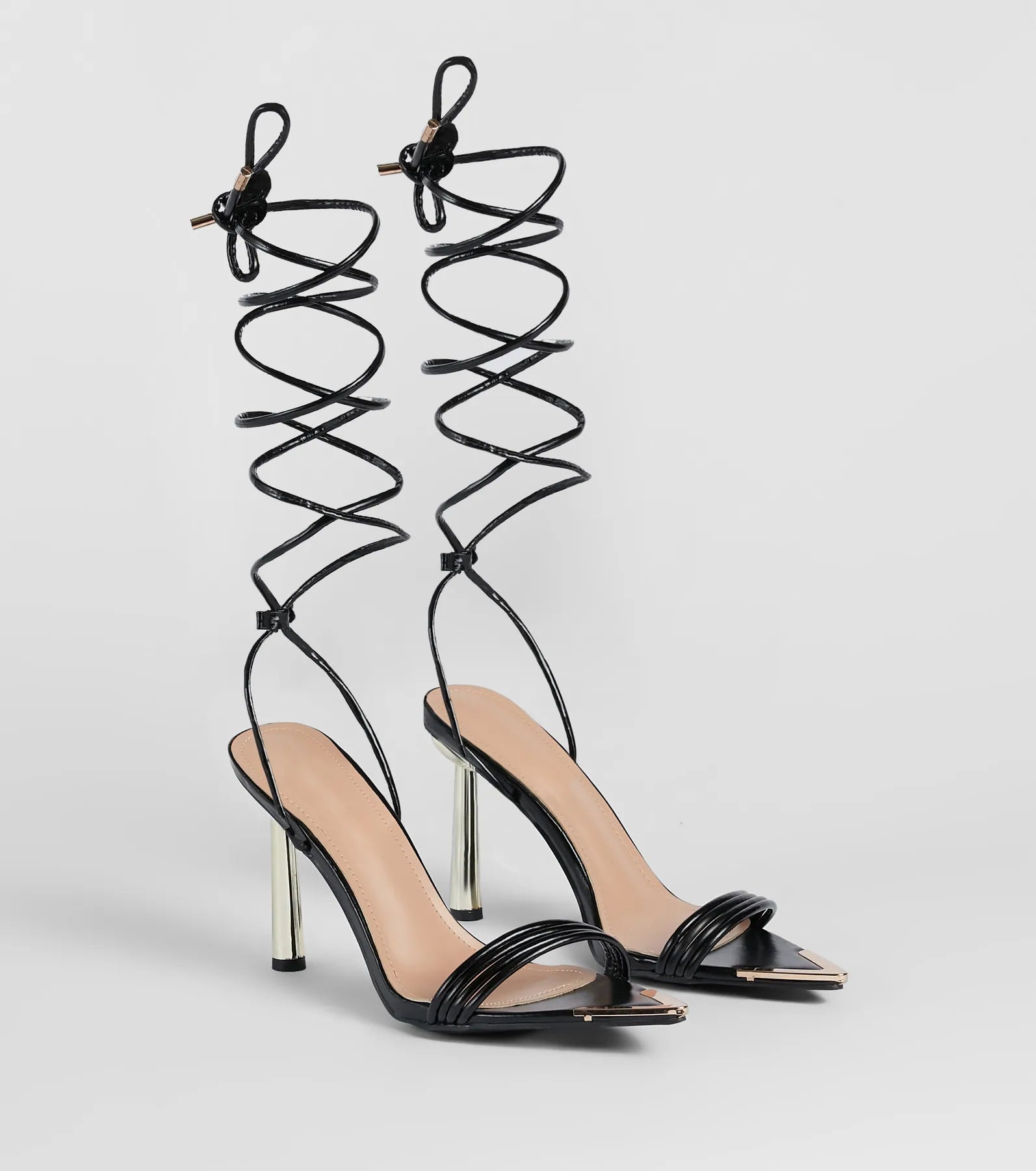 Fashionable sandals for women with metallic straps and bold color combinations-Laced Up In Sleek Style Strappy Stiletto Heels