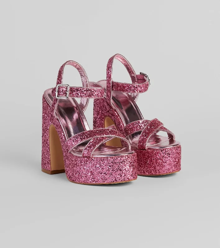 Stylish sandals for women with unique buckle details and flat design-Step Into Sparkle Glitter Platform Heels